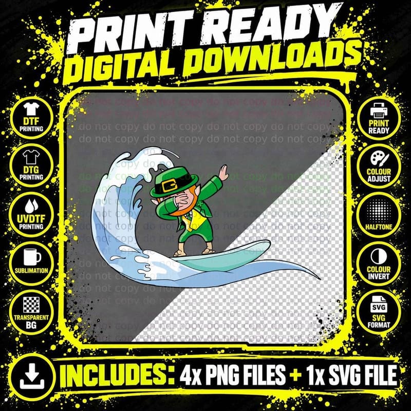 Leprechaun Surfing T-Shirt, St Patricks Day Png SVG Digital Bundle