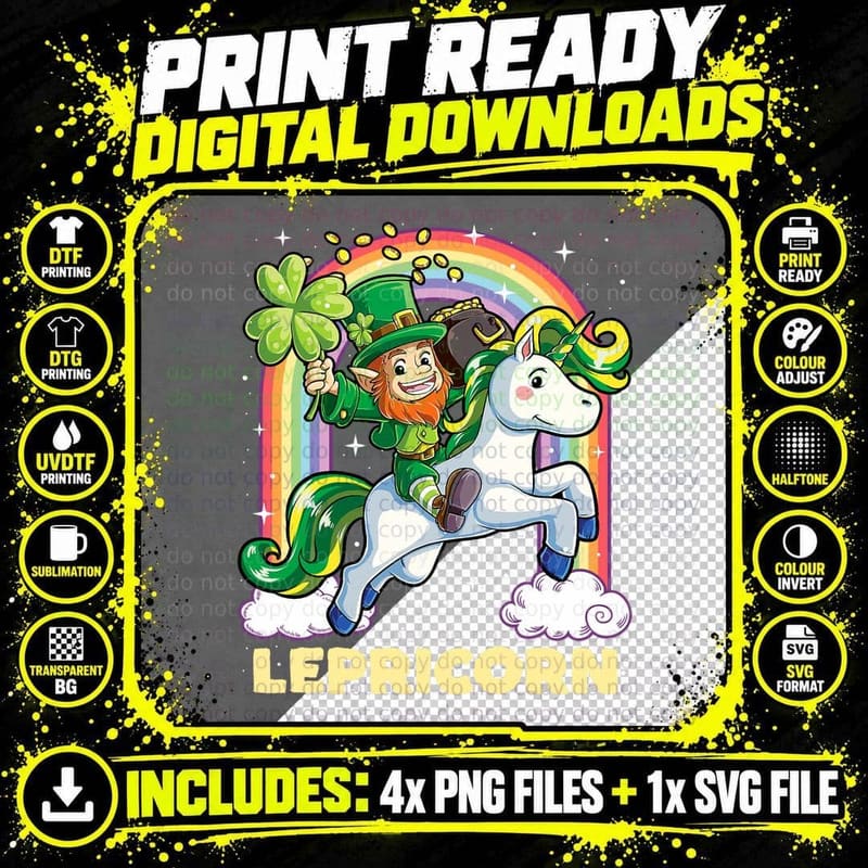 Lepricorn Leprechaun Riding Unicorn St Patricks Day Png SVG Digital Bundle