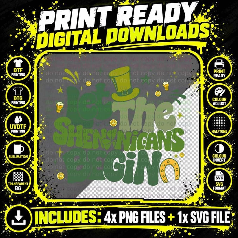 Let the Shenanigans Begin St Patricks Day Lucky Shamrock Png SVG Digital Bundle