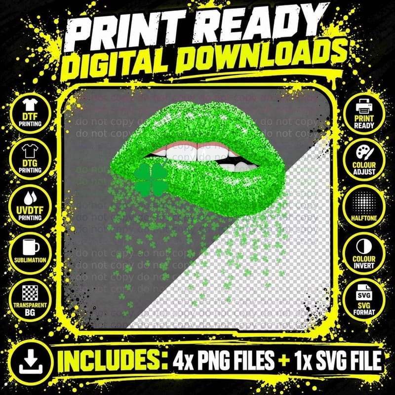 Lips Sexy Green Cool Irish Shamrock St Patricks Day Png SVG Digital Bundle