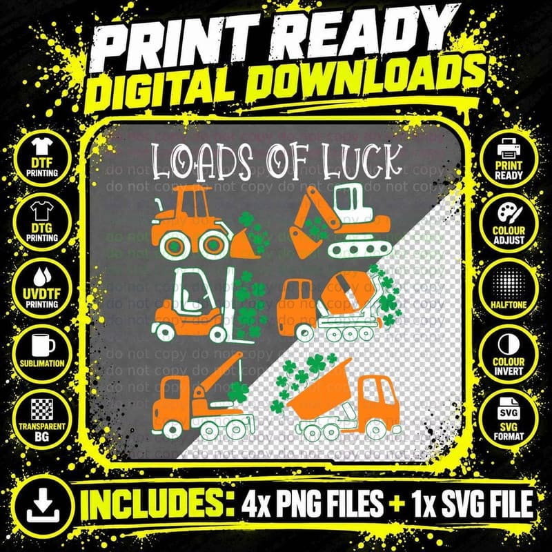Loads of Luck Construction Machines St Patricks Day Kids Png SVG Digital Bundle