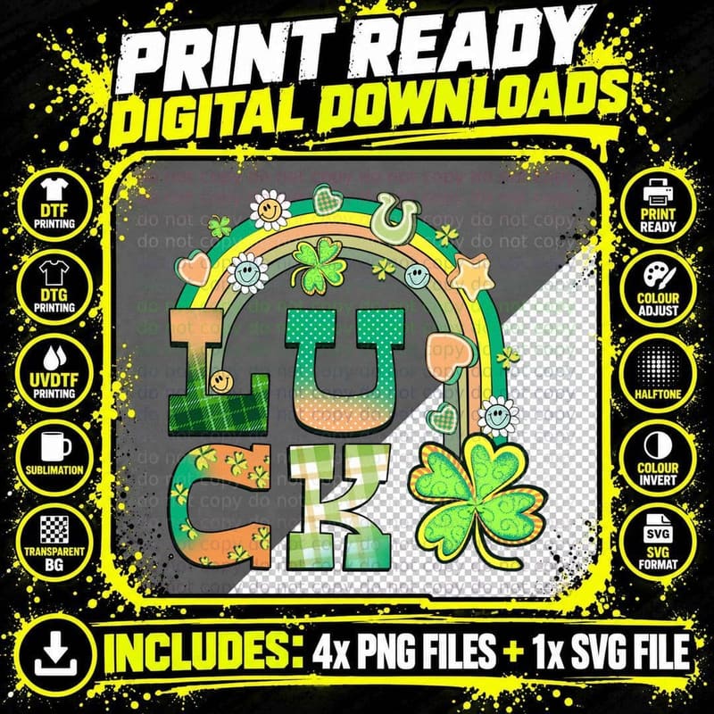 Luck St Patricks Day T-Shirt, Rainbow Shamrocks Hearts Png SVG Digital Bundle