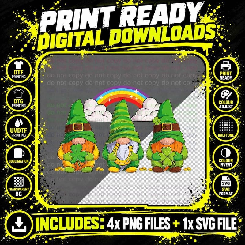 Lucky Gnomes Holding Shamrock Clover and Horseshoe Png SVG Digital Bundle