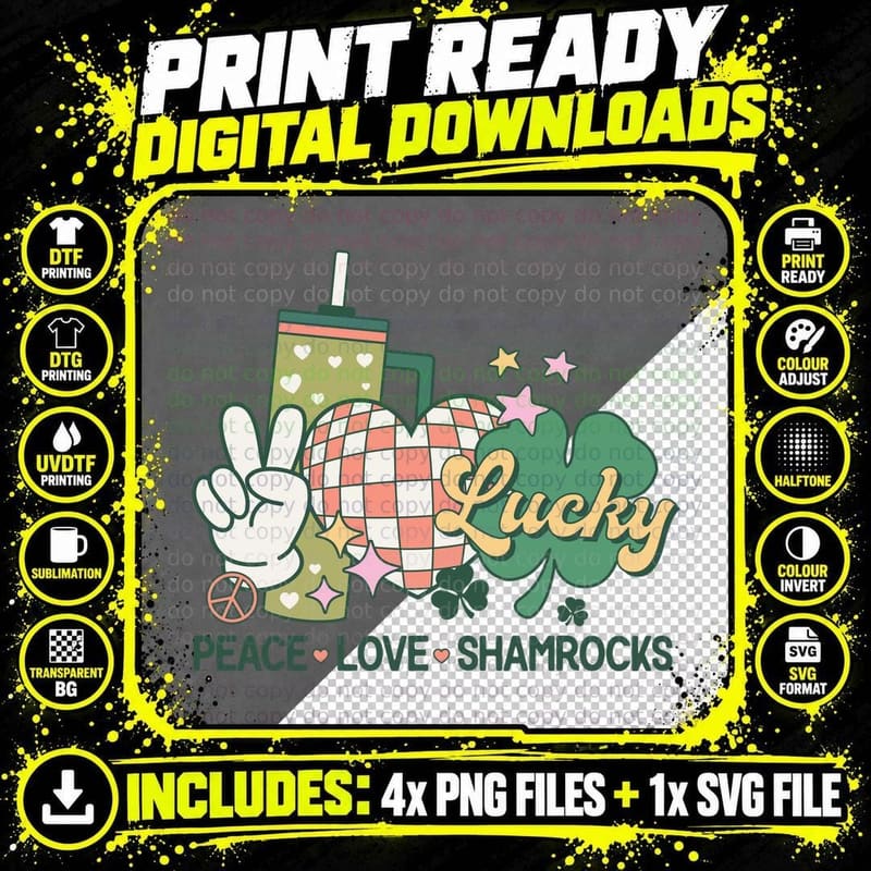 Lucky Peace Love Shamrocks St Patricks Day T-Shirt Png SVG Digital Bundle