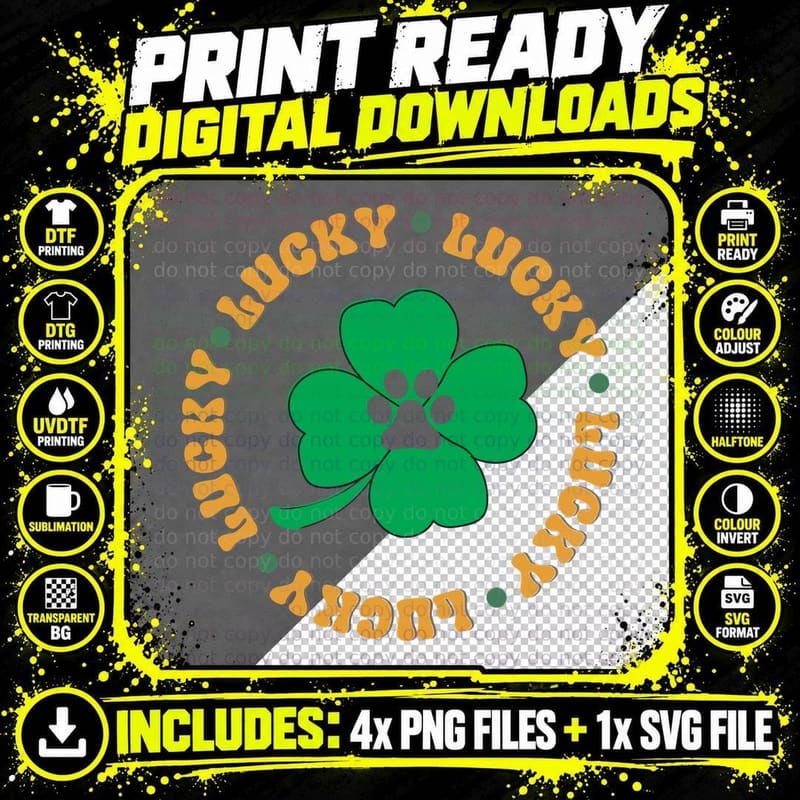 Lucky St Patricks Day T-Shirt, Green Clover with Paw Png SVG Digital Bundle