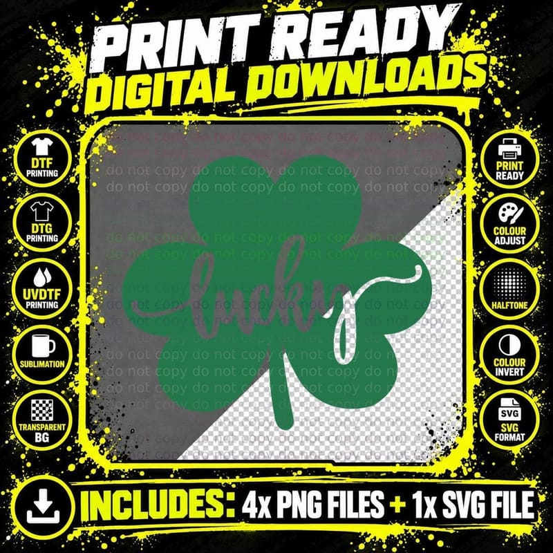 Lucky St Patricks Day T-Shirt, Green Four-Leaf Clover Png SVG Digital Bundle