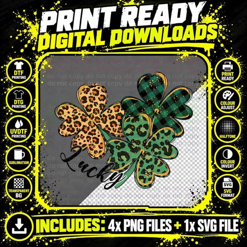 Lucky St Patricks Day T-Shirt, Leopard & Plaid Shamrocks Png SVG Digital Bundle