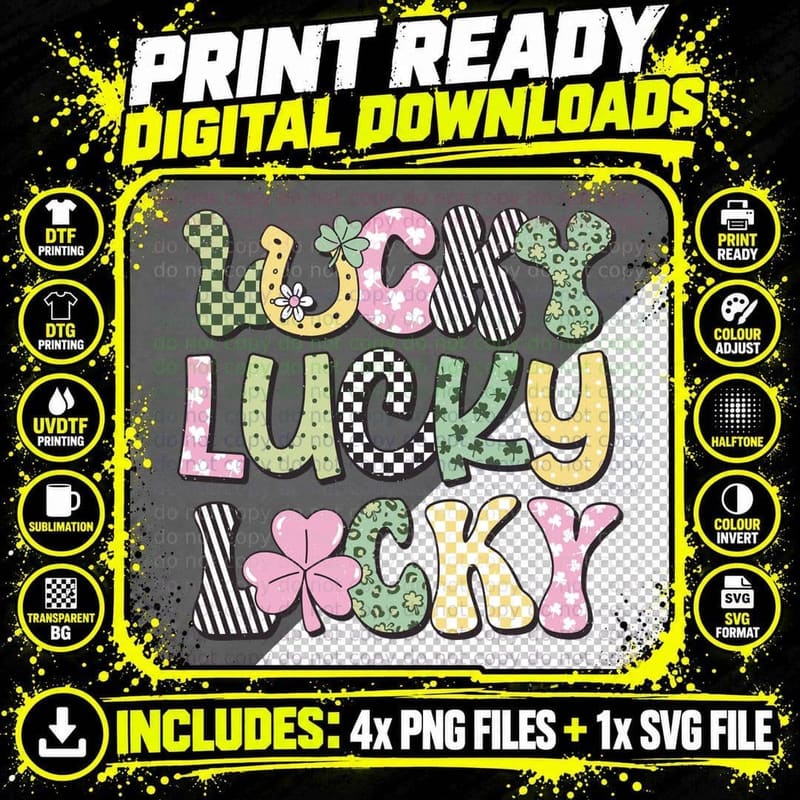 Lucky St Patricks Day T-Shirt, Lucky Charm Patterned Png SVG Digital Bundle