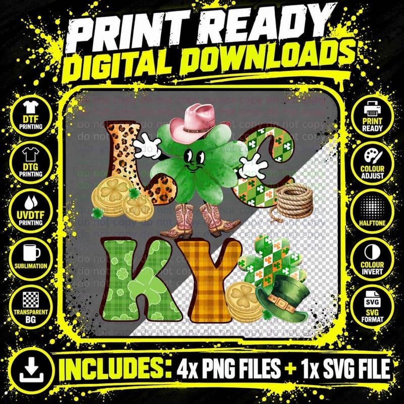 Lucky St Patricks Day T-Shirt, Lucky Clover Cowboy Theme Png SVG Digital Bundle