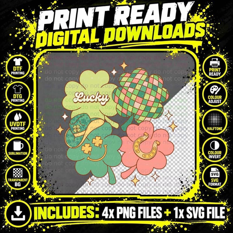 Lucky St Patricks Day T-Shirt, Lucky Clovers with Stars Png SVG Digital Bundle