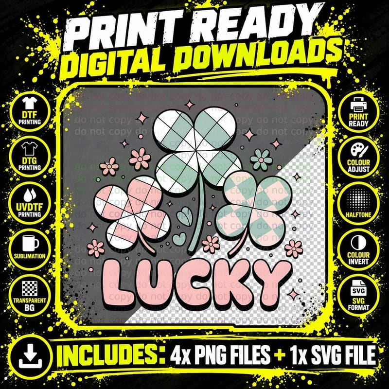 Lucky St Patricks Day T-Shirt, Pastel Plaid Clovers with Png SVG Digital Bundle