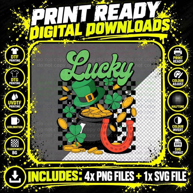 Lucky St Patricks Day T-Shirt, Pot of Gold Clovers Png SVG Digital Bundle