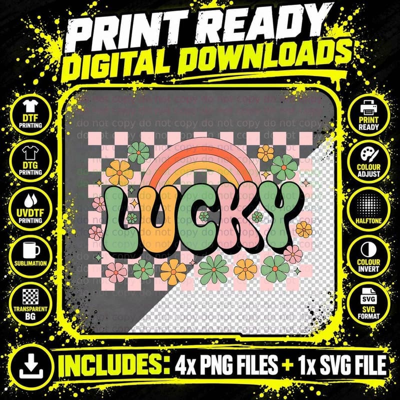 Lucky St Patricks Day T-Shirt, Rainbow Flowers Checkered Png SVG Digital Bundle