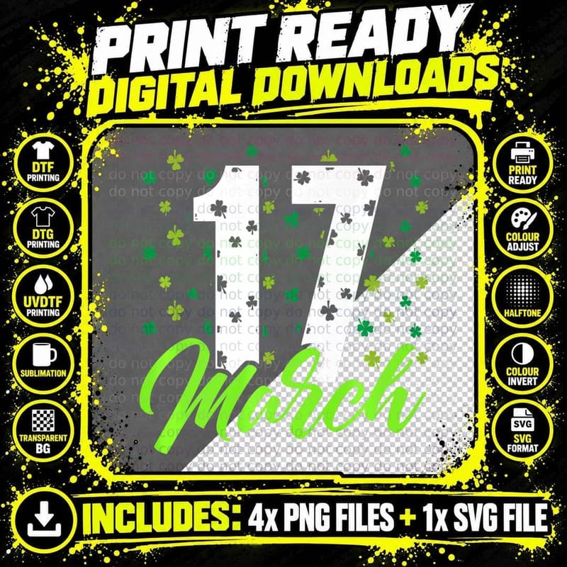 March 17 St. Patrick's Day Ireland Irish Shamrock T-Shirt Png SVG Digital Bundle