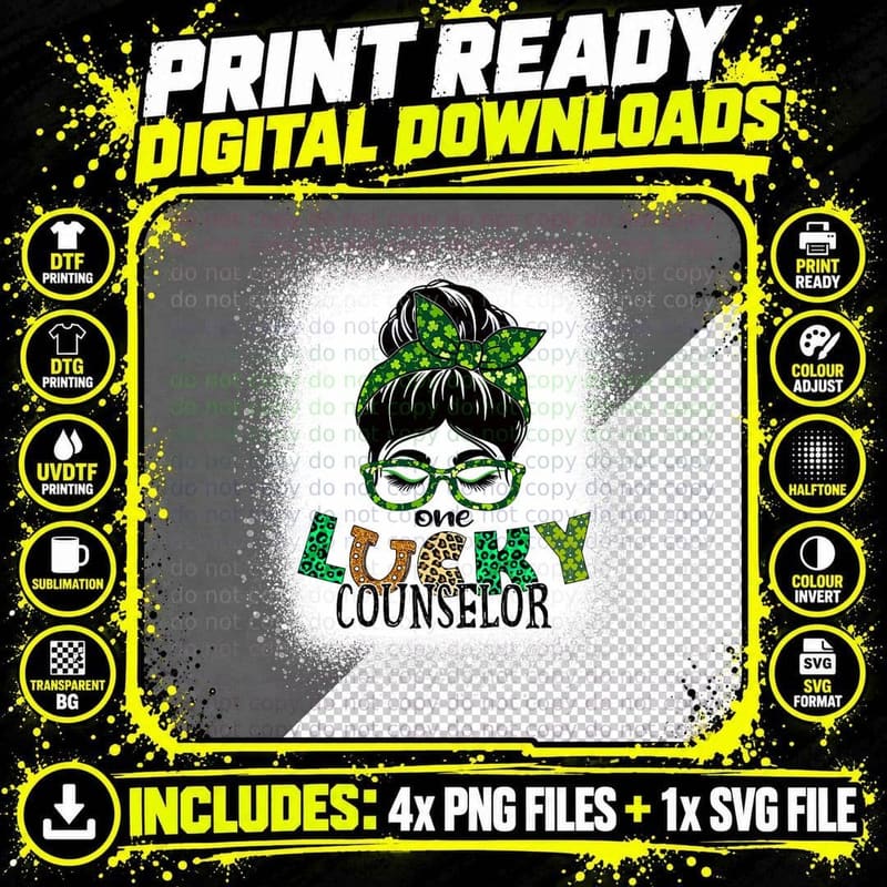 One Lucky Counselor Bleached Messy Bun St Patricks Day Png SVG Digital Bundle