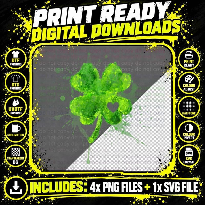 Painted St Patricks Day Shamrock Heart St Paddys Day Png SVG Digital Bundle