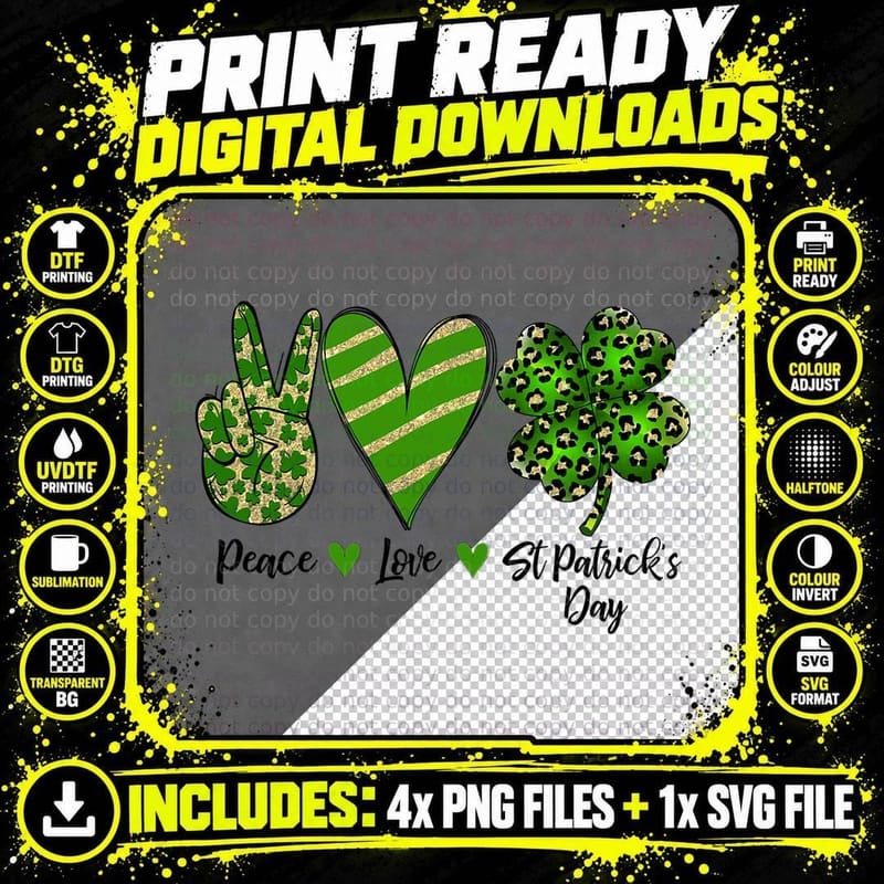 Peace Love St.patrick's Day Lucky Clover Shamrock Women Png SVG Digital Bundle