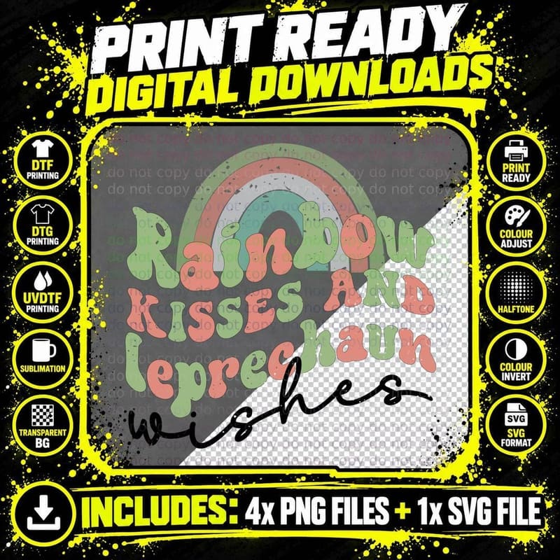 Rainbow Kisses and Leprechaun Wishes St Patricks Day Png SVG Digital Bundle