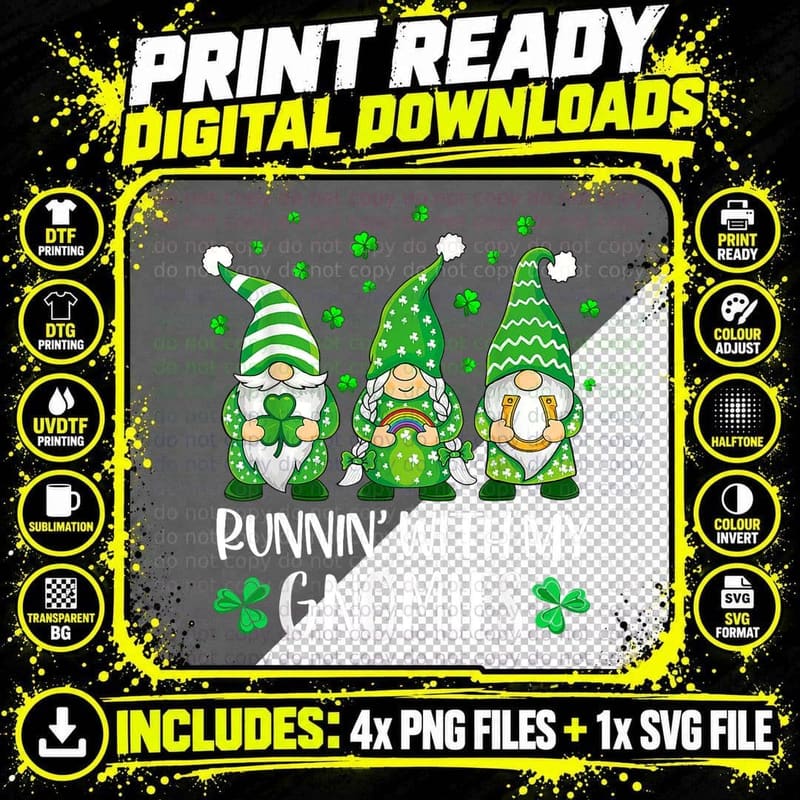 Running with My Gnomies St Patrick Day Shamrock Gnome Png SVG Digital Bundle