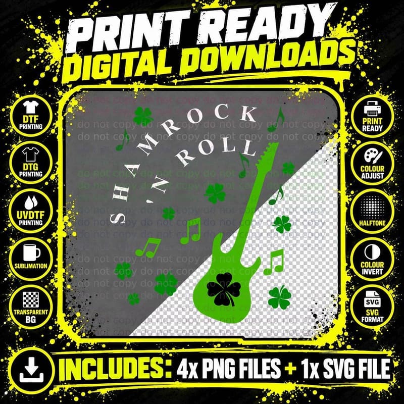 Shamrock 'N ROLL St. Patrick's Day Irish Music T-Shirt Png SVG Digital Bundle
