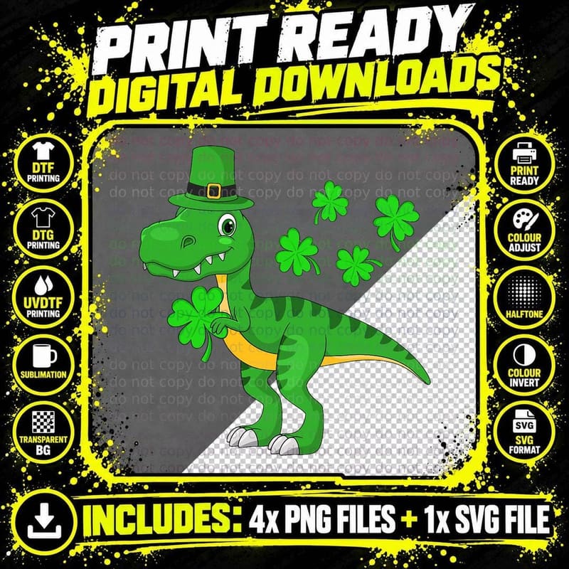 Shamrock Dino St Patricks Day Shirt Kids T Rex Toddler Png SVG Digital Bundle