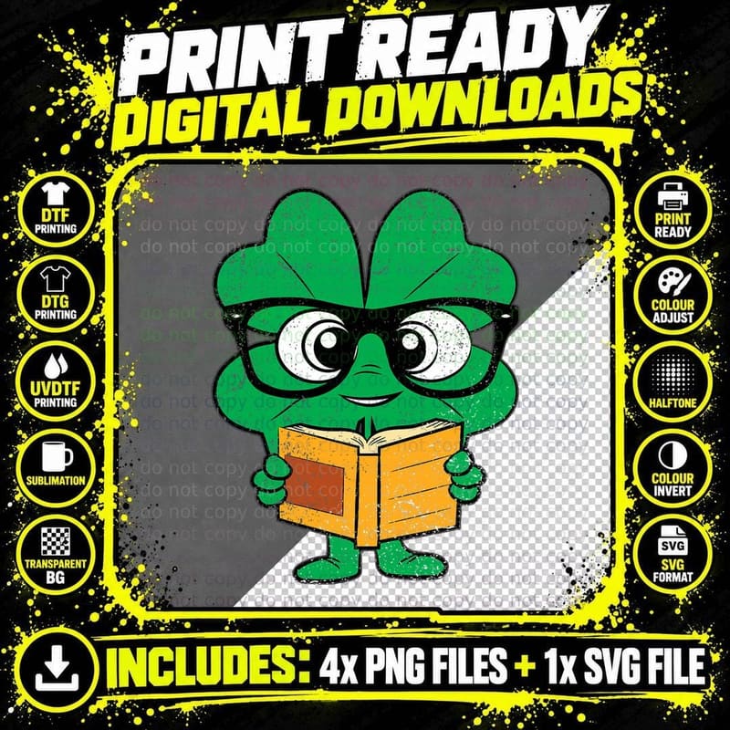 Shamrock Reading Books St Patricks Day Nerd Clover Png SVG Digital Bundle