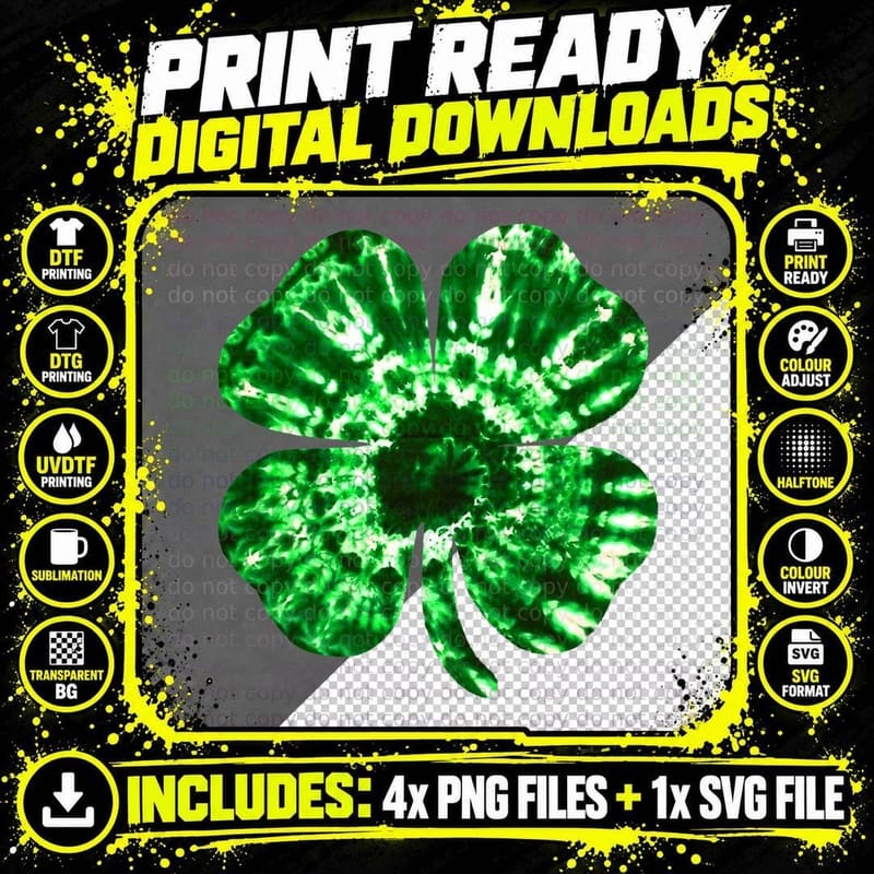 Shamrock Tie Dye Irish Hippie Clover Patrick's Day Go Png SVG Digital Bundle