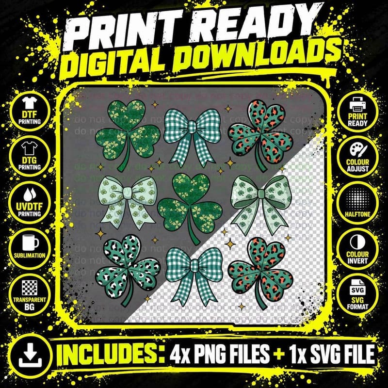 Shamrocks & Bows Pattern St Patricks Day T-Shirt Png SVG Digital Bundle