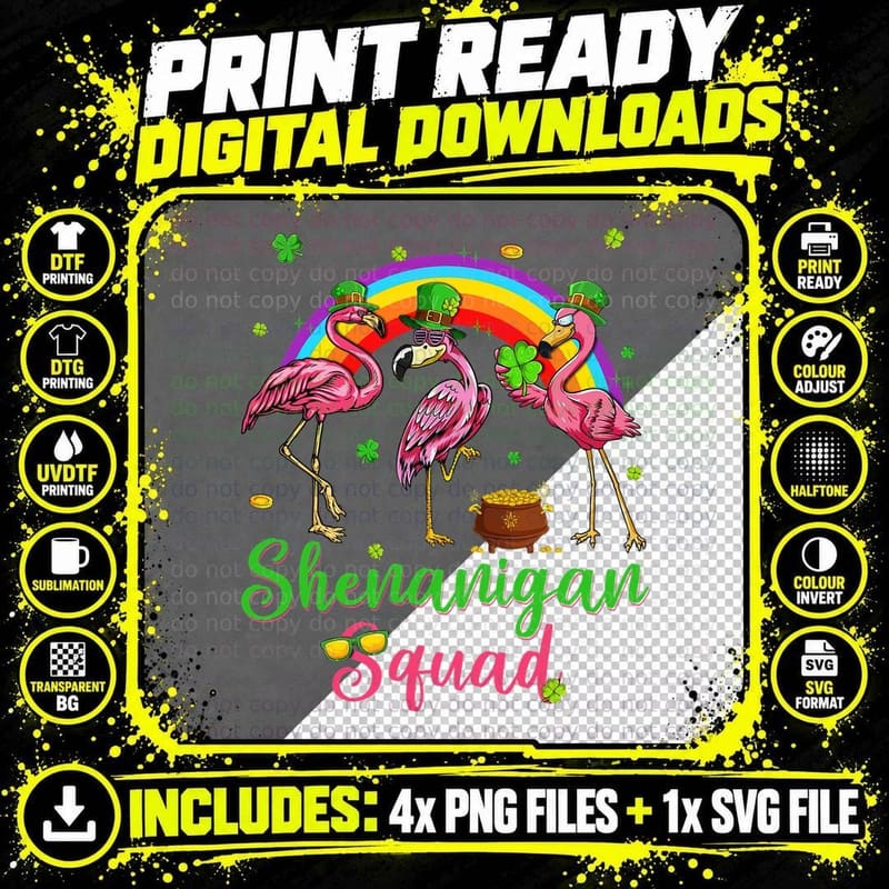 Shenanigan Squad Irish Flamingo Leprechaun St Patrick's Png SVG Digital Bundle
