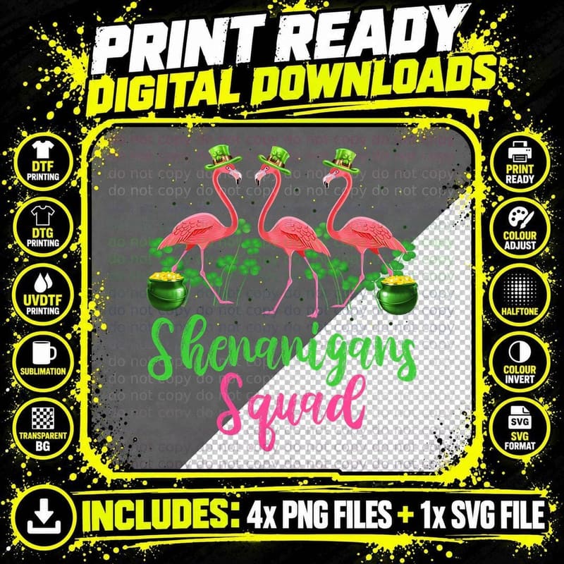 Shenanigan Squad Irish Flamingo Leprechaun St Patrick's Png SVG Digital Bundle