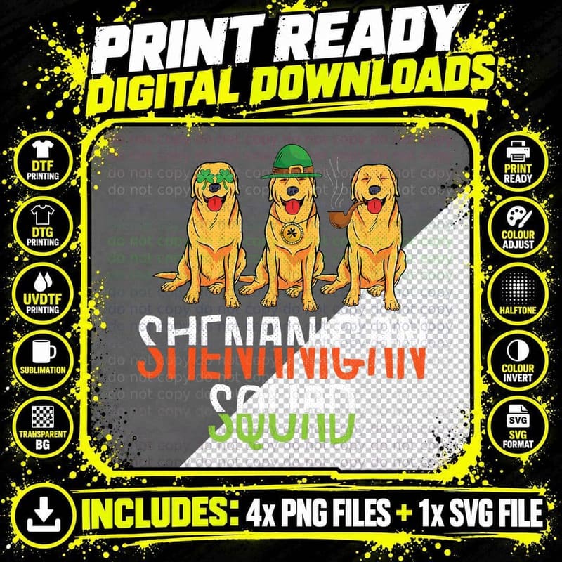 Shenanigan Squad St Patricks Day Cute Golden Retriever Png SVG Digital Bundle