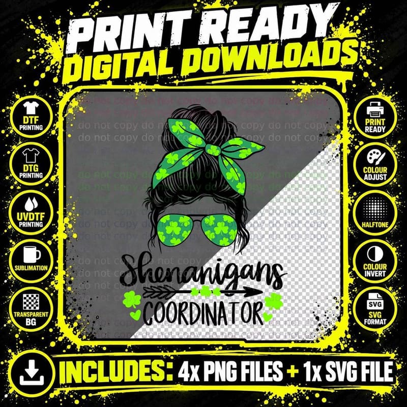 Shenanigans Coordinator Messy Bun St Patricks Day for Png SVG Digital Bundle