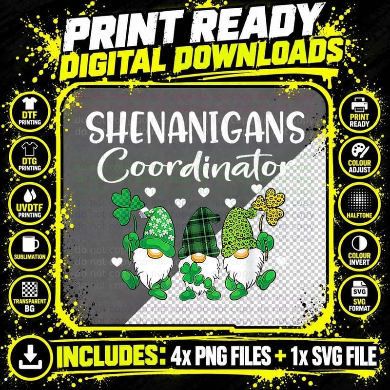 Shenanigans Coordinator St Patricks Day Gnomes Green Png SVG Digital Bundle