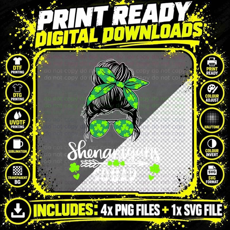 Shenanigans Squad Messy Bun St Patricks Day for Women Png SVG Digital Bundle