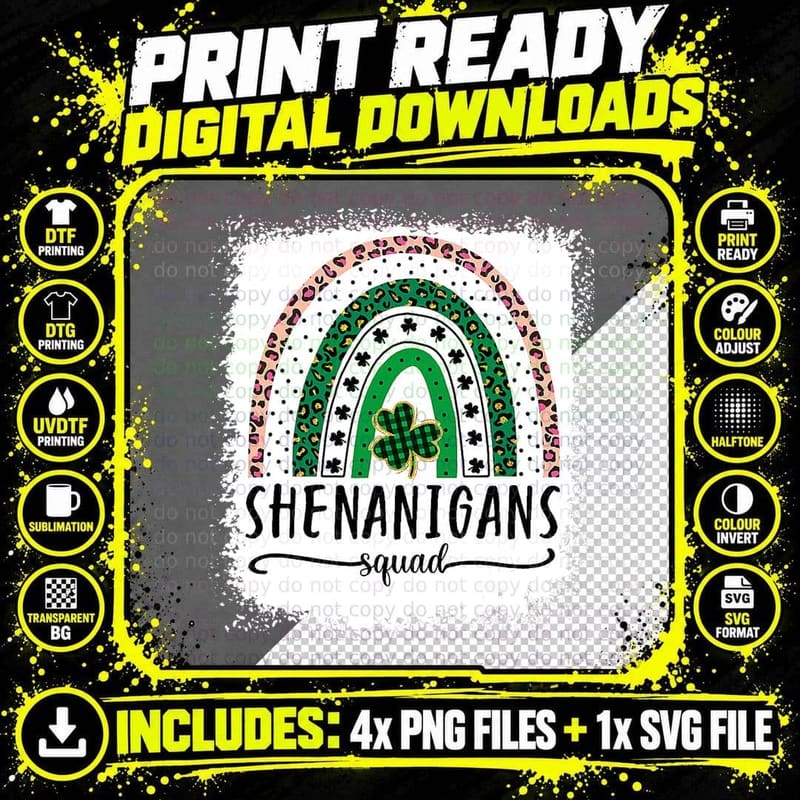 Shenanigans Squad St Patrick's Day Rainbow Shamrock Png SVG Digital Bundle