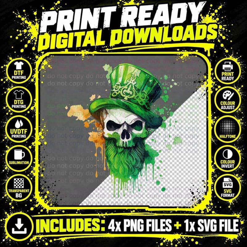 Skull St Patricks Day Irish Skull Shamrock T-Shirt Png SVG Digital Bundle