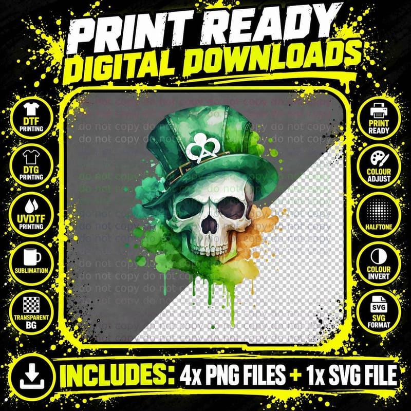 Skull in Green Hat with Splashes St Patricks Day T-Shirt Png SVG Digital Bundle