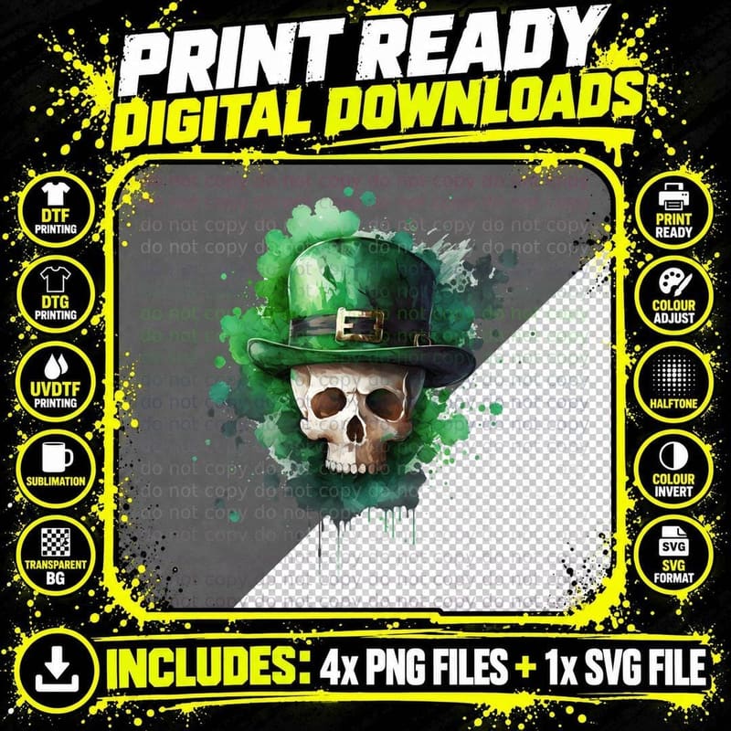 Skull in Green Hat with Splatter St Patricks Day T-Shirt Png SVG Digital Bundle