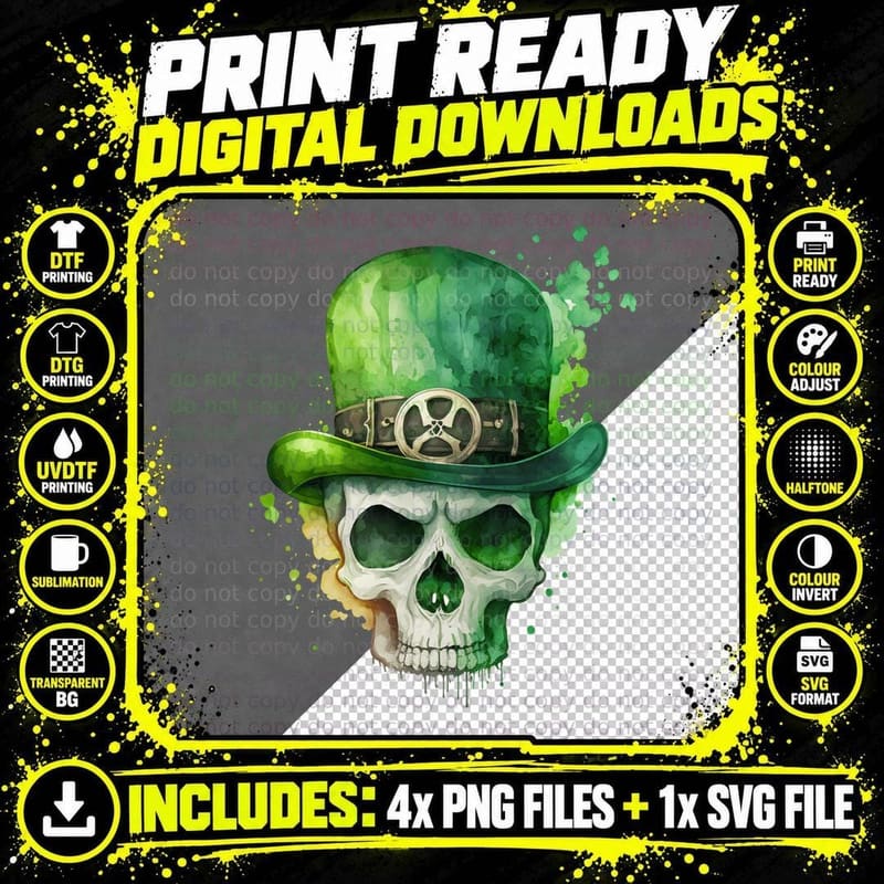 Skull in Green Leprechaun Hat St Patricks Day T-Shirt Png SVG Digital Bundle