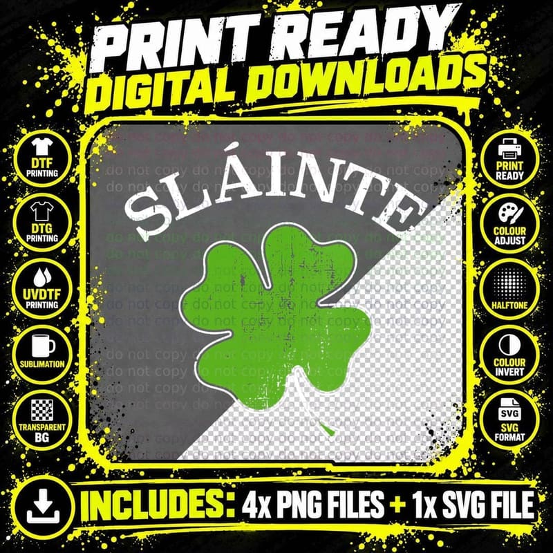 Slainte with Green Shamrock Clover for St Patricks Day Png SVG Digital Bundle