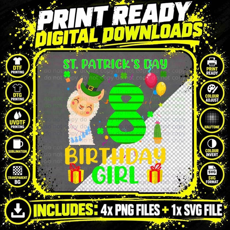 St Patrick's Day Alpaca Llama Cactus Girls 8 Birthday Png SVG Digital Bundle