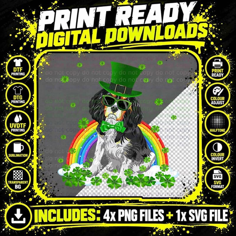 St Patrick's Day Cavalier King Charles Spaniel Shamrock Png SVG Digital Bundle