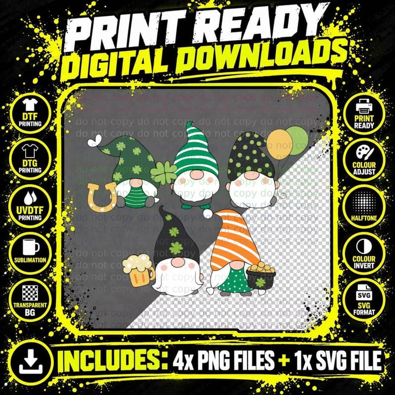 St Patrick's Day Gnomes Shamrock T-Shirt Png SVG Digital Bundle