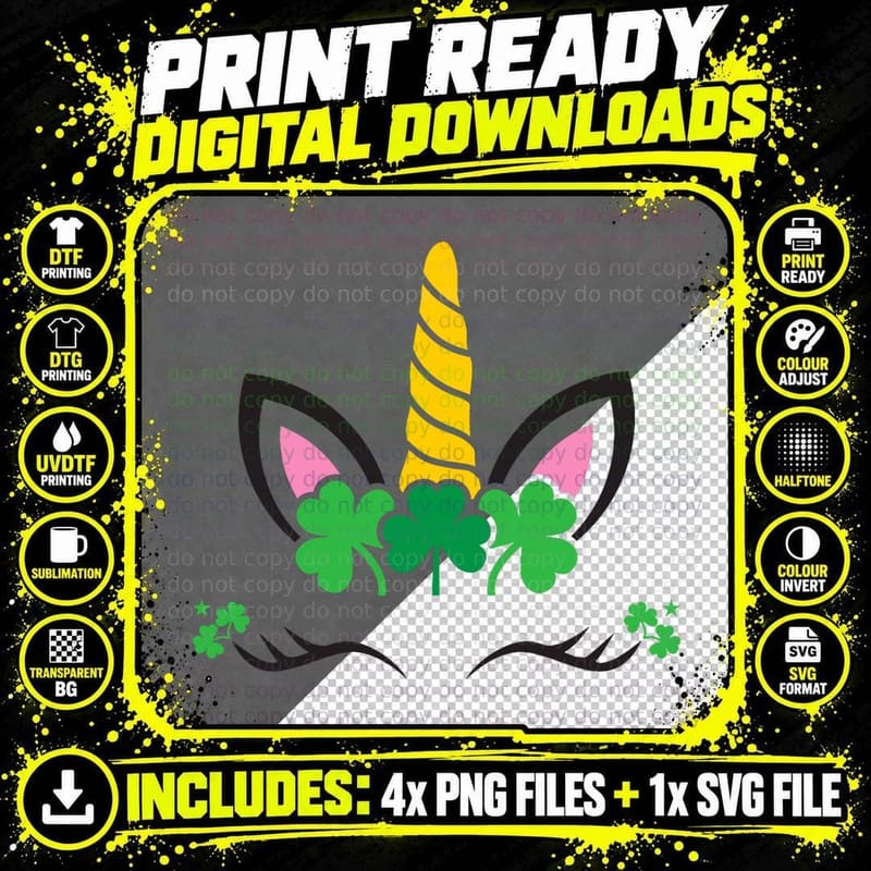 St Patrick's Day Unicorn Face Leprechaun Irish Girls Png SVG Digital Bundle