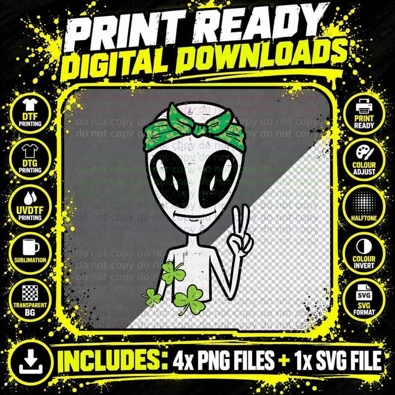St Patricks Day Alien Peace Saint Pattys Women Girls Png SVG Digital Bundle