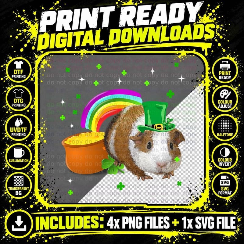 St Patricks Day Cute Guinea Pig T Irish Shamrock T-Shirt Png SVG Digital Bundle