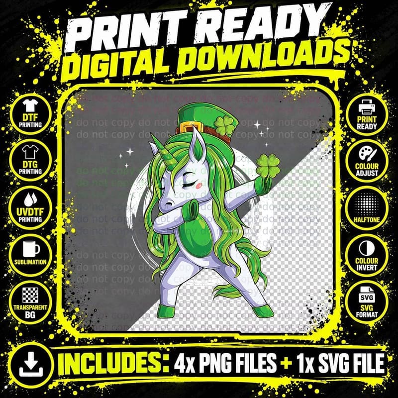 St Patricks Day Dabbing Unicorn Shamrock Lucky T-Shirt Png SVG Digital Bundle