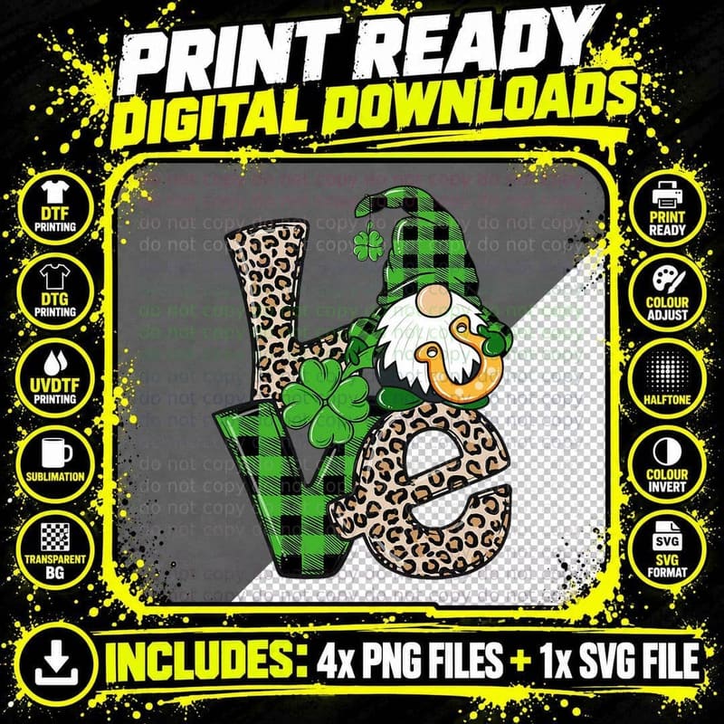 St Patricks Day Gnome Shamrock Buffalo Plaid Leopard Png SVG Digital Bundle