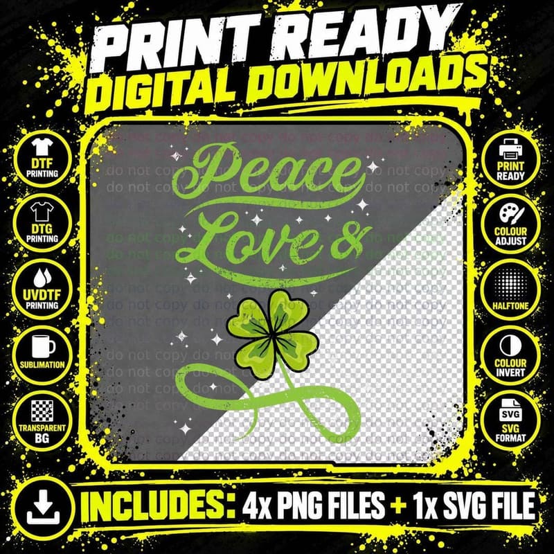 St Patricks Day Irish Peace Love & Shamrocks T-Shirt Png SVG Digital Bundle