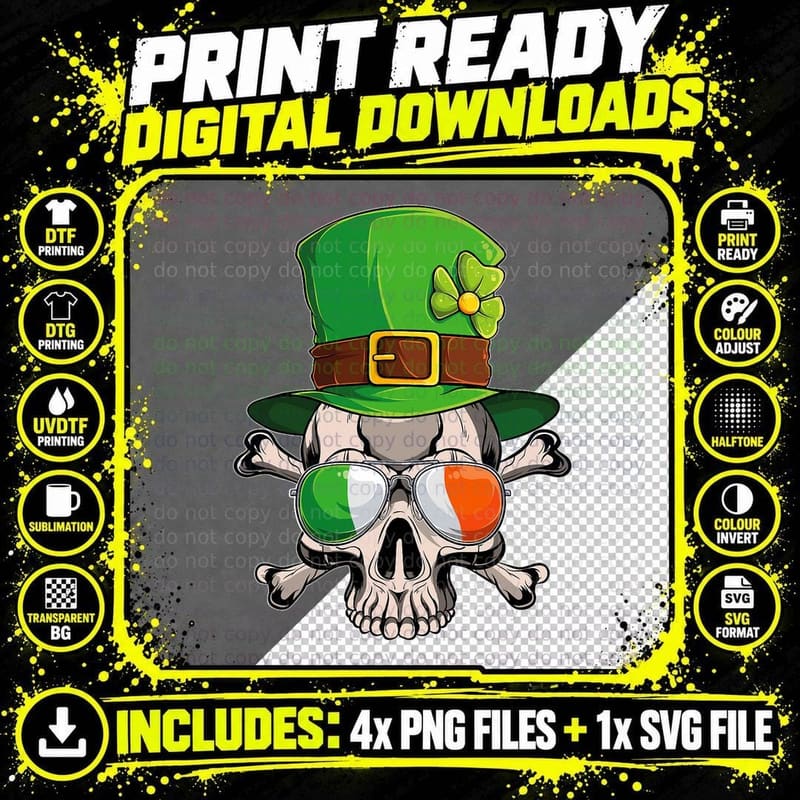 St Patricks Day Irish Skull Leprechaun Shamrock T-Shirt Png SVG Digital Bundle